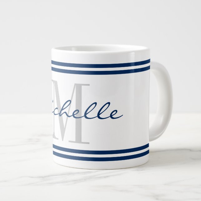 Nautical navy blue stripe custom monogram big large coffee mug (Front Right)