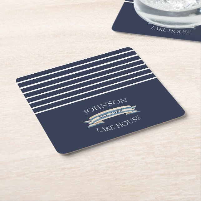 Nautical Navy Blue Stripe Lake House Name Square Paper Coaster (Angled)