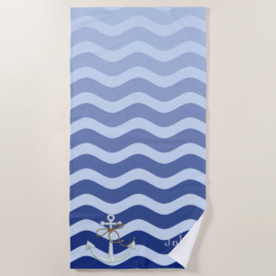 Nautical Navy Blue Stripe Waves Anchor Beach Towel