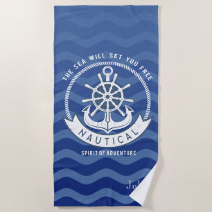 Nautical Navy Blue Stripe Waves Boat Wheel Beach Towel