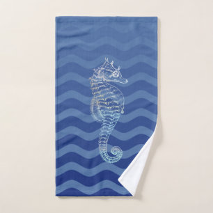 Nautical Navy Blue Stripe Waves Seahorse Bath Towel Set
