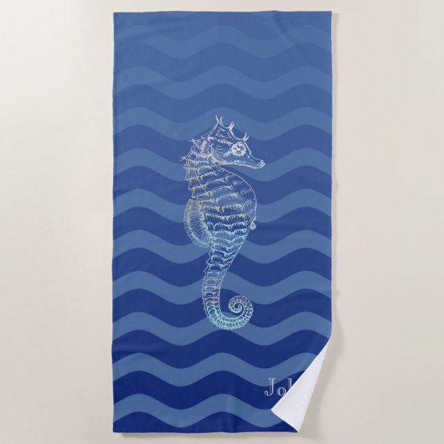 Nautical Navy Blue Stripe Waves Seahorse Beach Towel (Front)