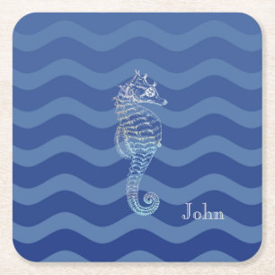Nautical Navy Blue Stripe Waves Seahorse Square Paper Coaster