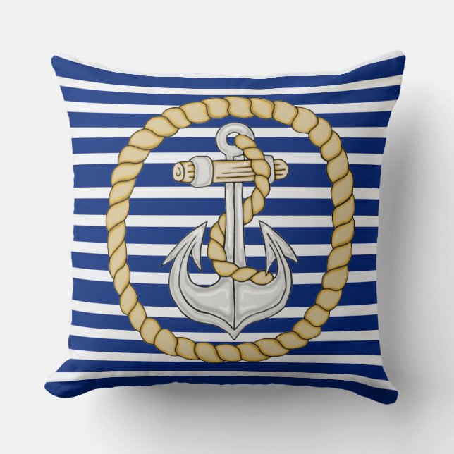 Nautical Navy Blue Striped Anchor 3 Square Pillow (Front)