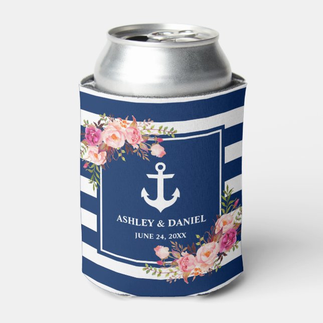 Nautical Navy Blue Striped Pink Floral Wedding Can Cooler (Can Front)