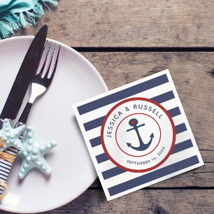 Nautical Navy Blue Stripes Anchor Paper Napkin