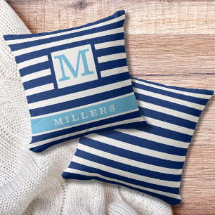 Nautical Navy Blue Stripes Family Name Monogram Throw Pillow