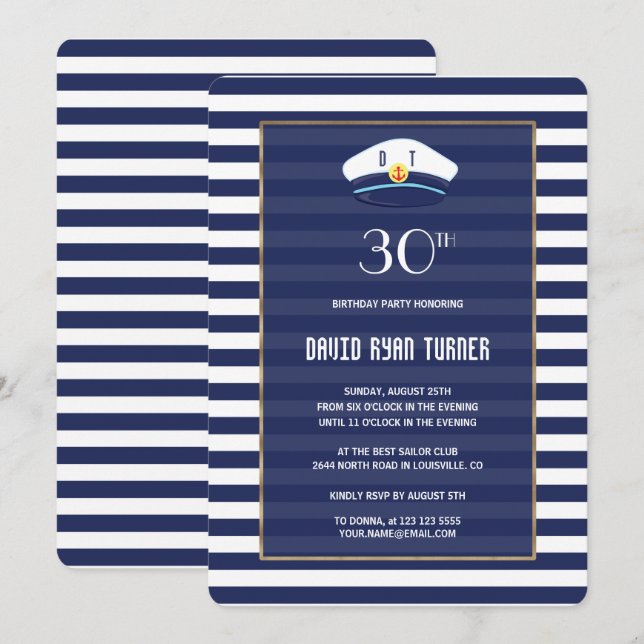 Nautical Navy Blue Stripes Gold Birthday Party Invitation (Front/Back)