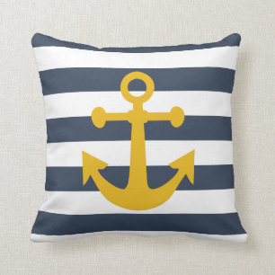 Nautical Navy Blue Stripes Mustard Yellow Anchor Throw Pillow