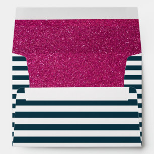 Nautical Navy Blue Stripes Pink Glitter Envelopes