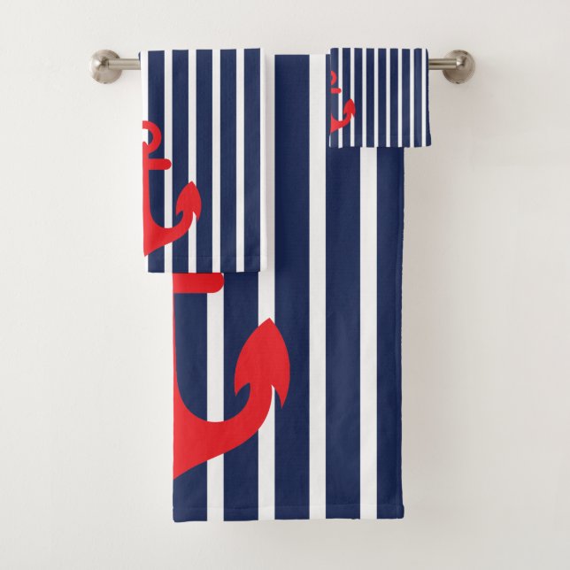Nautical Navy Blue Stripes Red Anchor Bath Towel Set (Insitu)