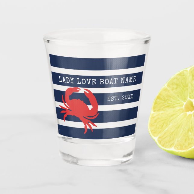 Nautical Navy Blue Stripes Red Crab Boat Name Shot Glass (Front)