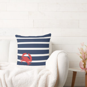 Nautical Navy Blue Stripes Red Crab Boat Name Throw Pillow