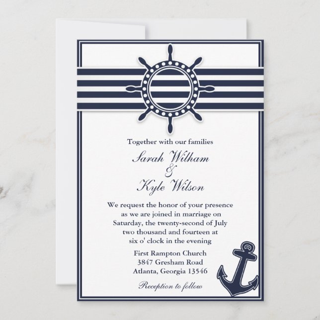 Nautical Navy Blue Swallows Wedding Invitation (Front)