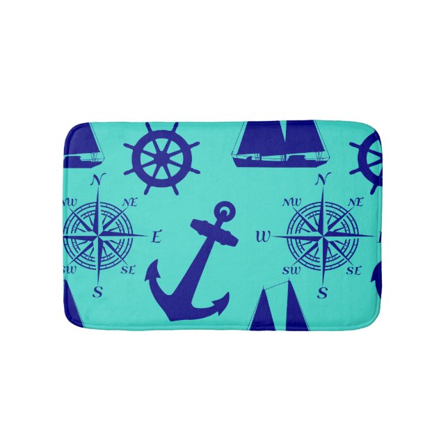 Nautical Navy Blue Turquoise Pattern Bath Mat (Front)