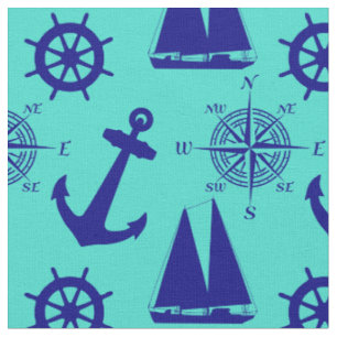 Nautical Navy Blue Turquoise Pattern Fabric