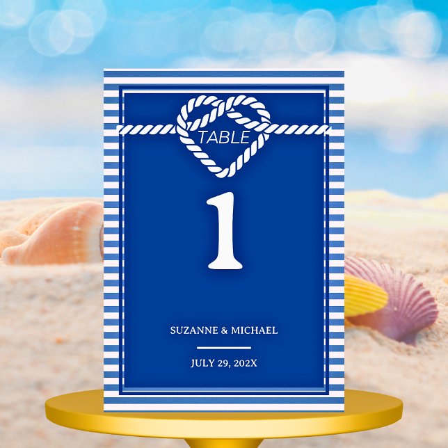 Nautical Navy Blue Tying Knot Stripes Wedding  Table Number (Nautical Navy Blue Tying Knot Stripes Wedding Table Number)