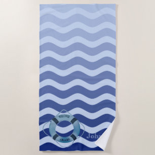 Nautical Navy Blue Waves Stripe Beach Towel