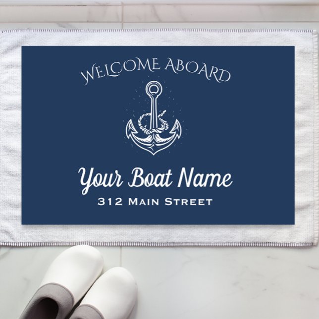 Nautical Navy Blue Welcome Aboard Anchor Boat Name Doormat (Creator Uploaded)
