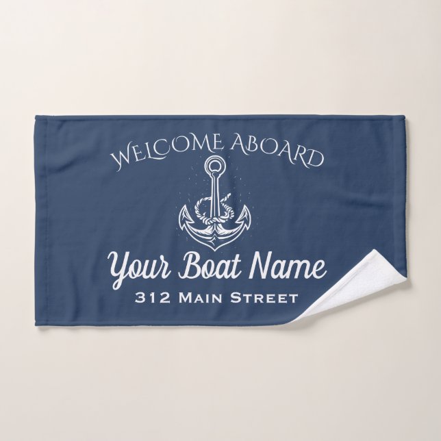 Nautical Navy Blue Welcome Aboard Anchor Boat Name Hand Towel (Hand Towel)