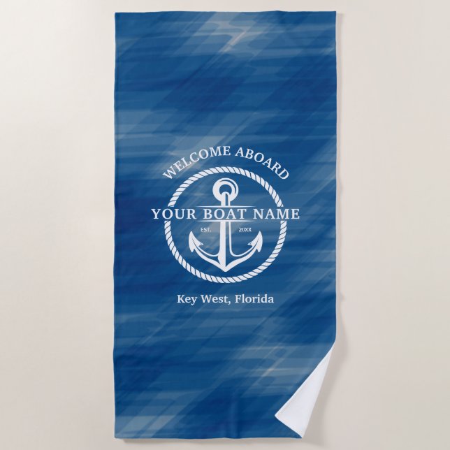 Nautical Navy Blue Welcome Aboard Boat Name Anchor Beach Towel (Front)
