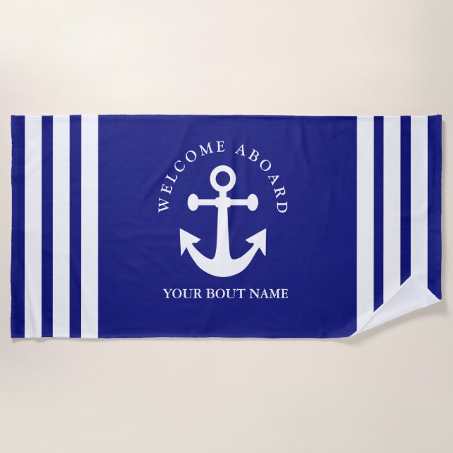 Nautical Navy Blue Welcome Aboard Boat Name Anchor Beach Towel (Front)
