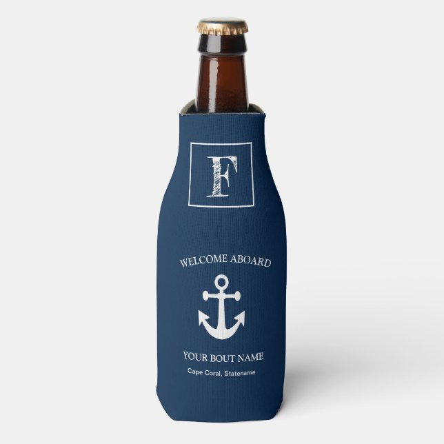 Nautical Navy Blue Welcome Aboard Boat Name Anchor Bottle Cooler (Bottle Front)