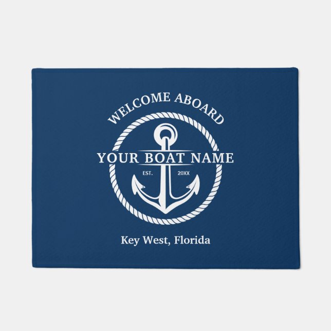 Nautical Navy Blue Welcome Aboard Boat Name Anchor Doormat (Front)