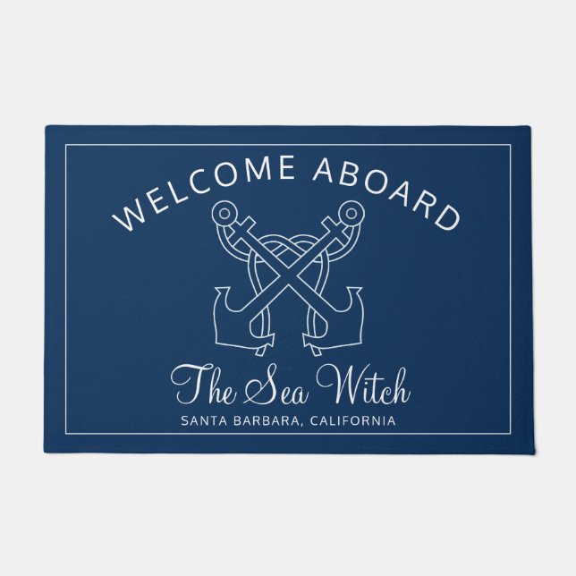 Nautical Navy Blue Welcome Aboard Boat Name Anchor Doormat (Front)
