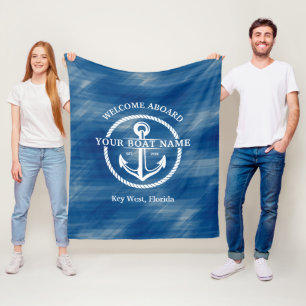 Nautical Navy Blue Welcome Aboard Boat Name Anchor Fleece Blanket