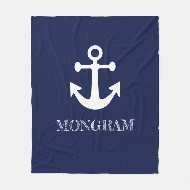 Nautical Navy Blue Welcome Aboard Boat Name Anchor Fleece Blanket (Front)