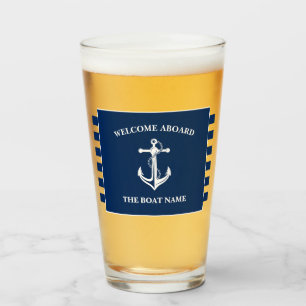Nautical Navy Blue Welcome Aboard Boat Name Anchor Glass