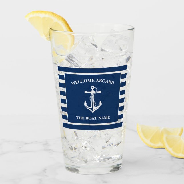 Nautical Navy Blue Welcome Aboard Boat Name Anchor Glass (Front Ice)