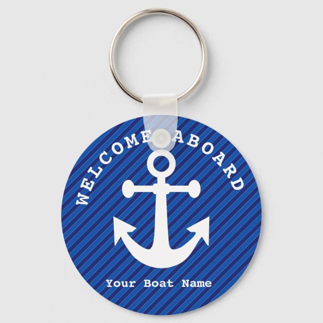 Nautical Navy Blue Welcome Aboard Boat Name Anchor Keychain (Front)