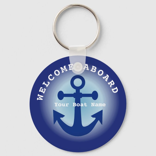 Nautical Navy Blue Welcome Aboard Boat Name Anchor Keychain (Front)