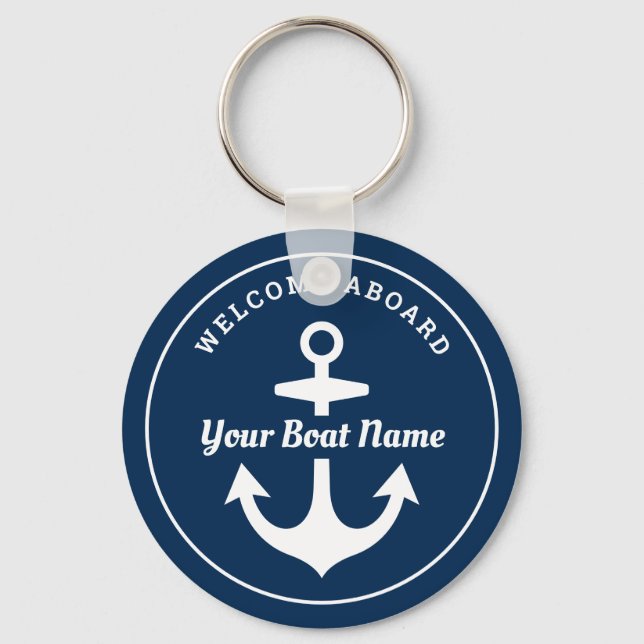 Nautical Navy Blue Welcome Aboard Boat Name Anchor Keychain (Front)