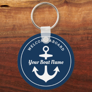Nautical Navy Blue Welcome Aboard Boat Name Anchor Keychain