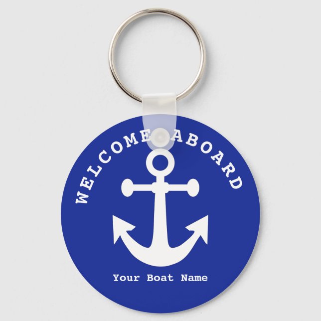 Nautical Navy Blue Welcome Aboard Boat Name Anchor Keychain (Front)