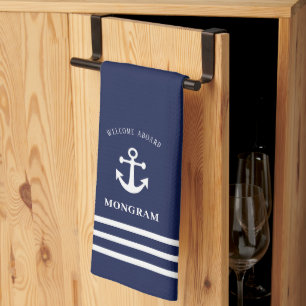 Nautical Navy Blue Welcome Aboard Boat Name Anchor Kitchen Towel
