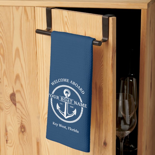 Nautical Navy Blue Welcome Aboard Boat Name Anchor Kitchen Towel (Thirds Fold)