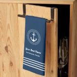 Nautical Navy Blue Welcome Aboard Boat Name Anchor Kitchen Towel<br><div class="desc">Nautical kitchen towel features a simple,  stylish navy blue and white coastal style design with boat anchor accent framed by a round circle rope,  along with horizontal stripes detail. Personalize the custom text with the name of your boat along with her location city and state.</div>