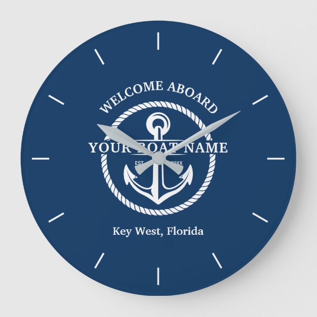 Nautical Navy Blue Welcome Aboard Boat Name Anchor Large Clock (Front)