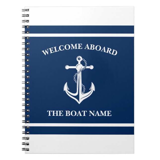 Nautical Navy Blue Welcome Aboard Boat Name Anchor Notebook (Front)
