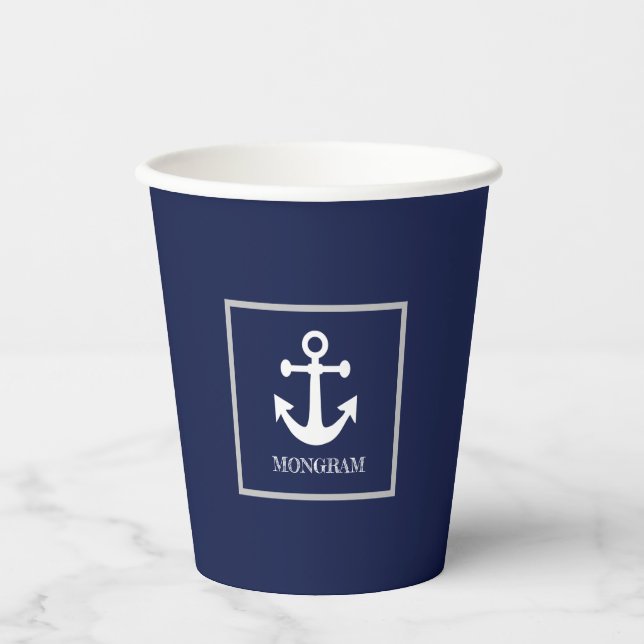 Nautical Navy Blue Welcome Aboard Boat Name Anchor Paper Cups (Front)