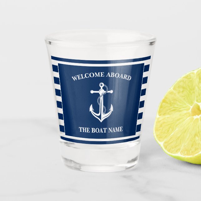 Nautical Navy Blue Welcome Aboard Boat Name Anchor Shot Glass (Front)