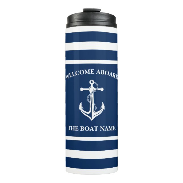 Nautical Navy Blue Welcome Aboard Boat Name Anchor Thermal Tumbler (Front)