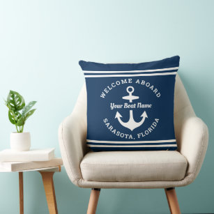 Nautical Navy Blue Welcome Aboard Boat Name Anchor Throw Pillow