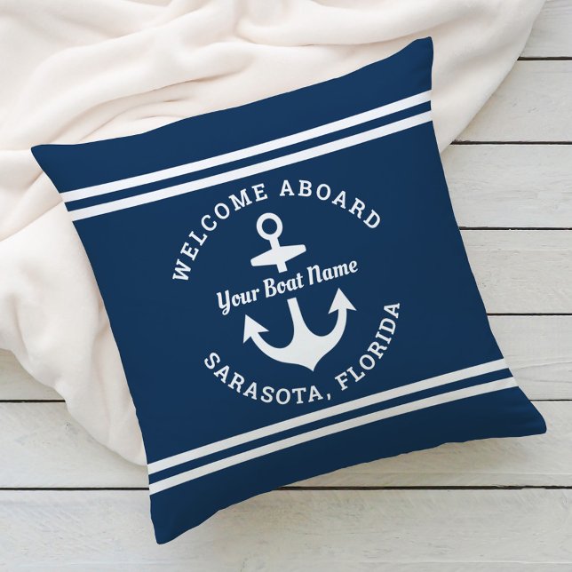 Nautical Navy Blue Welcome Aboard Boat Name Anchor Throw Pillow (Creator Uploaded)