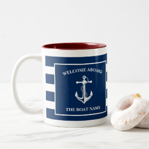 Nautical Navy Blue Welcome Aboard Boat Name Anchor Two-Tone Coffee Mug