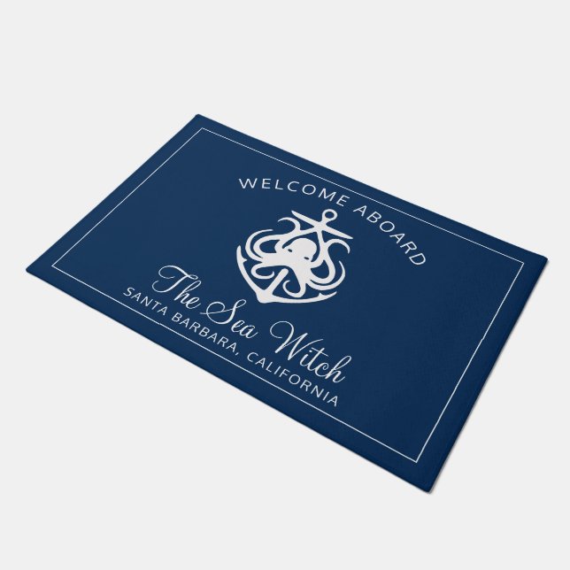 Nautical Navy Blue Welcome Aboard Boat Name  Doormat (Angled)